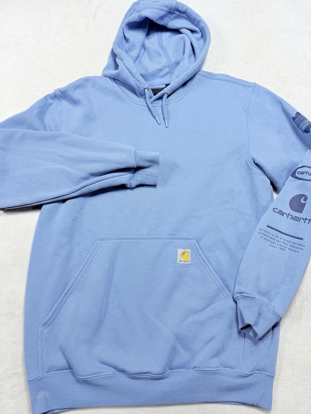 Carhartt Hoodie Mens Medium Blue Graphic Sleeve Streetwear Workwear Loose Fit